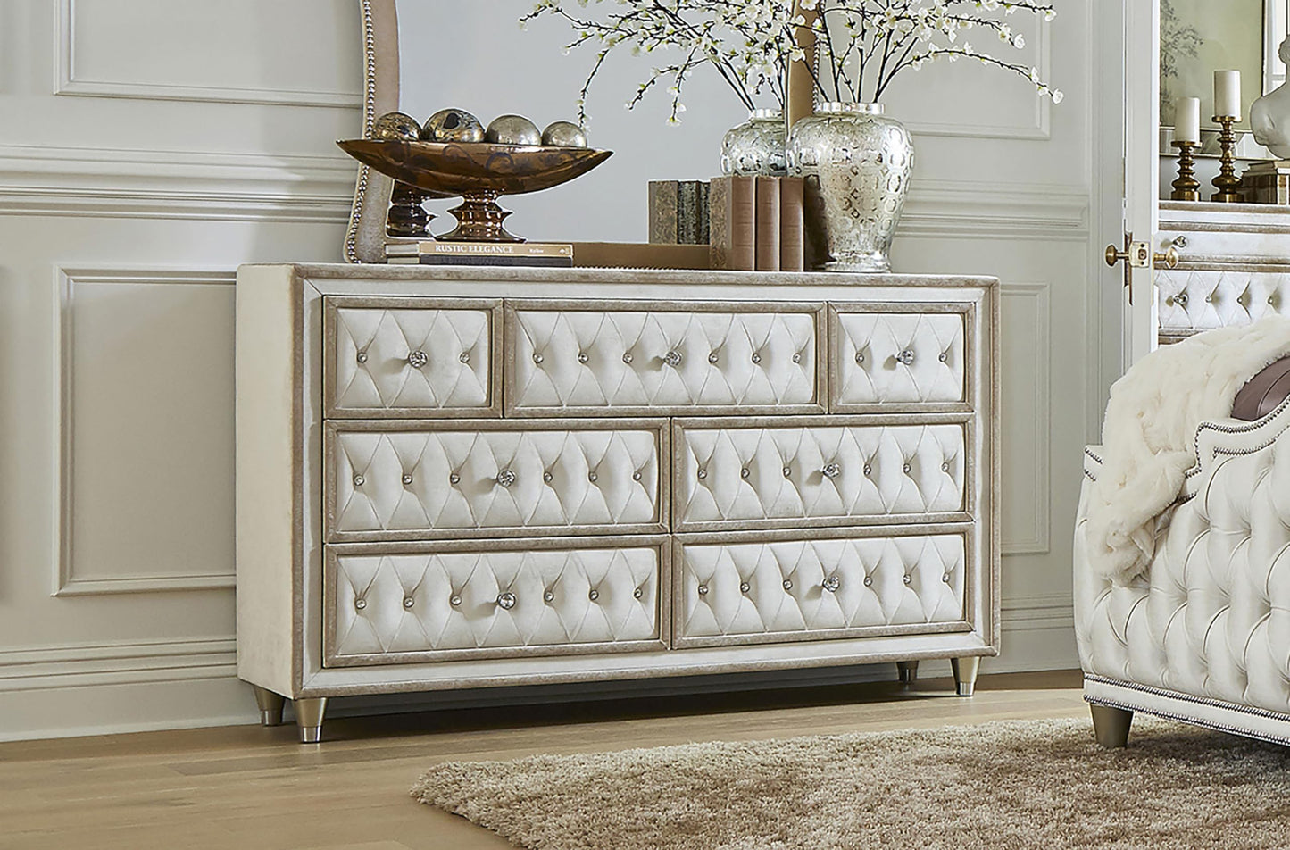 7-Drawer Upholstered Dresser with Tufted Details