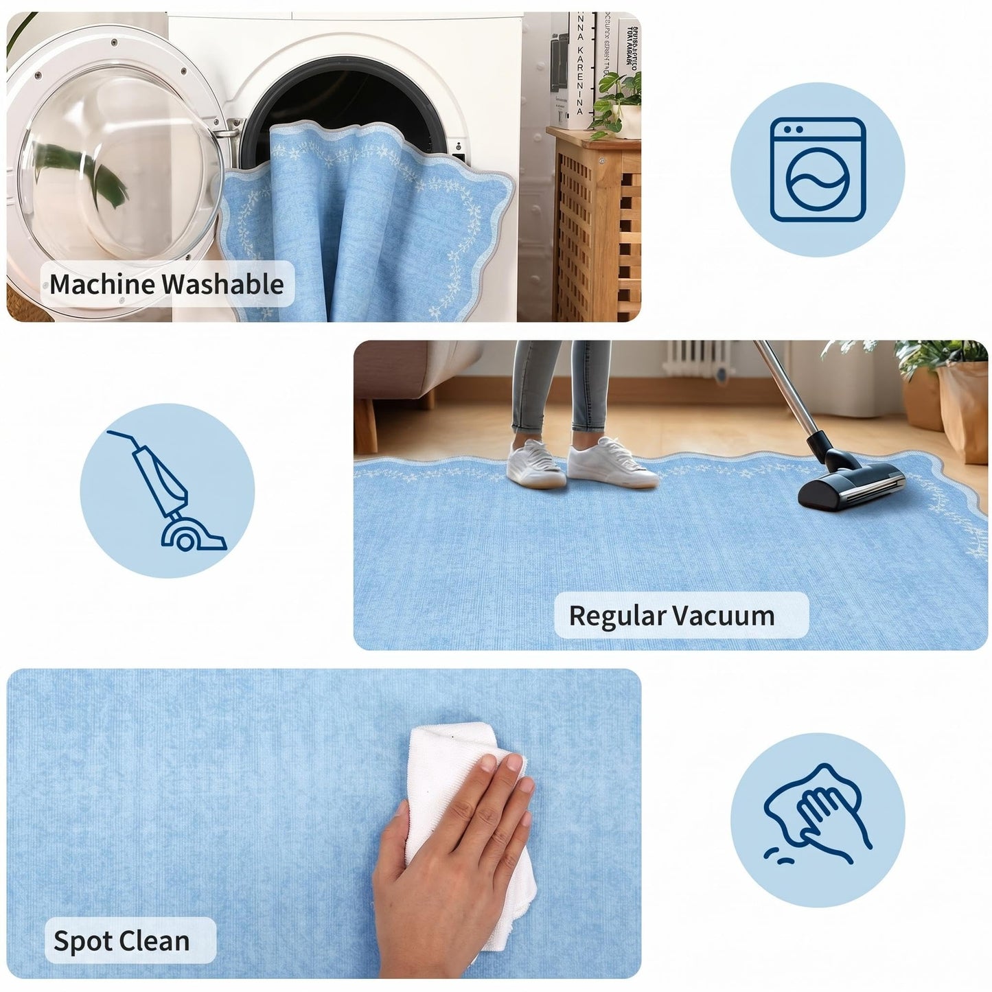 Scalloped Washable Area Rug with Non-Slip Backing