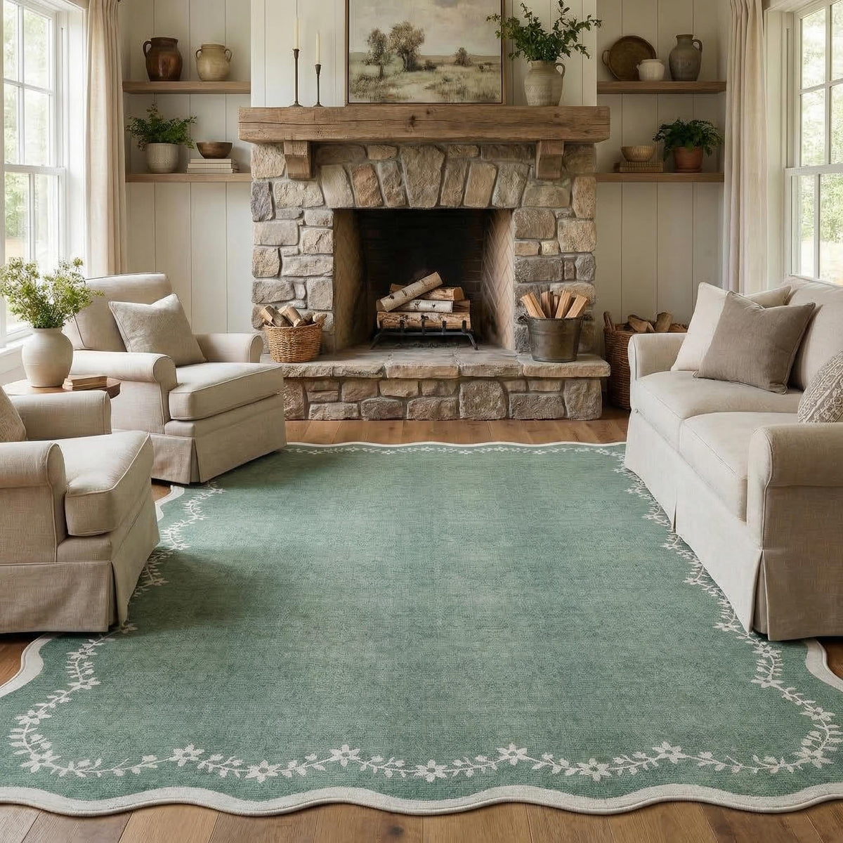 Scalloped Washable Area Rug with Non-Slip Backing