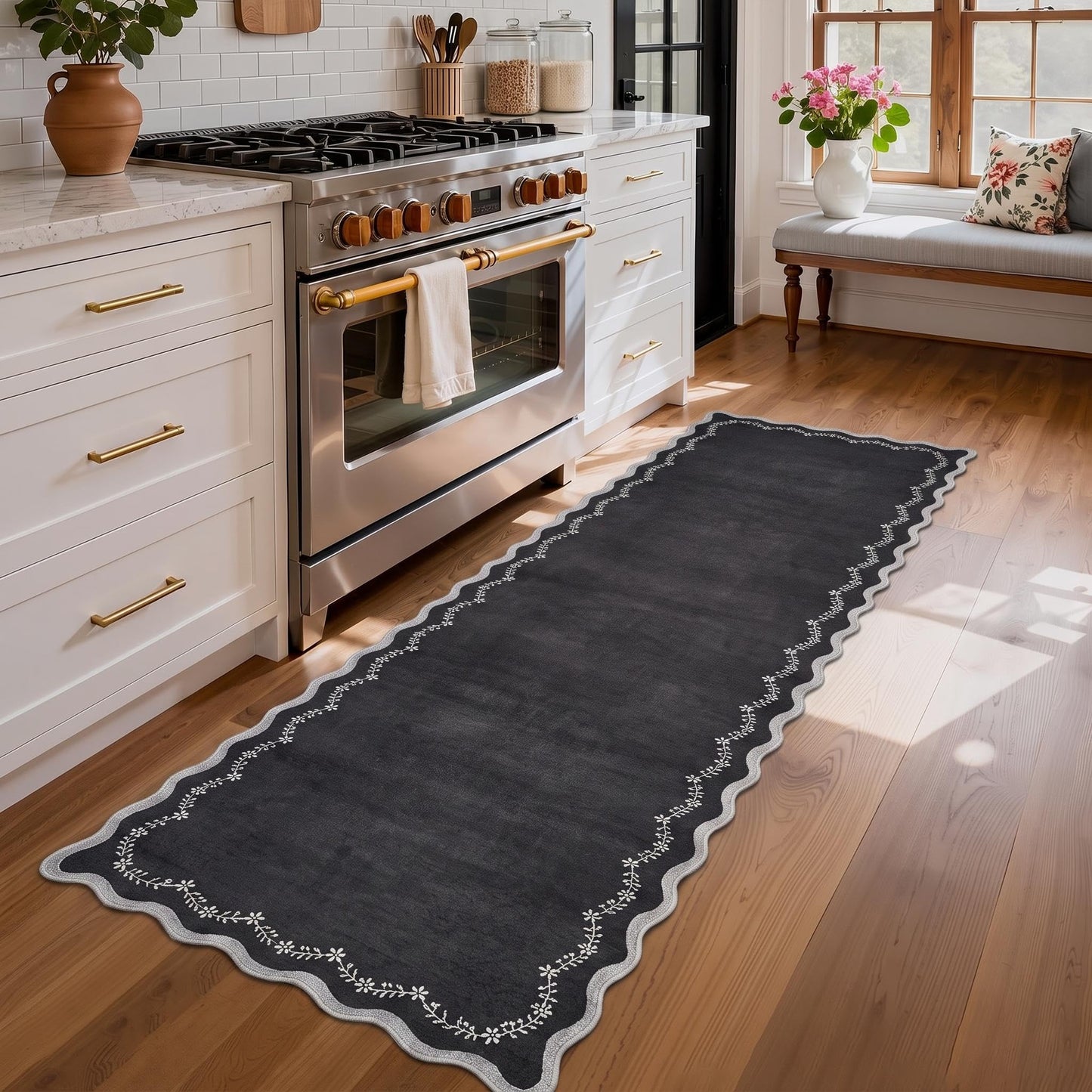 Scalloped Washable Area Rug with Non-Slip Backing