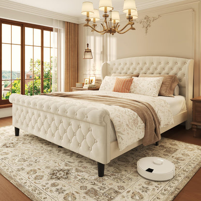 Velvet Upholstered Sleigh Bed with Wingback Headboard