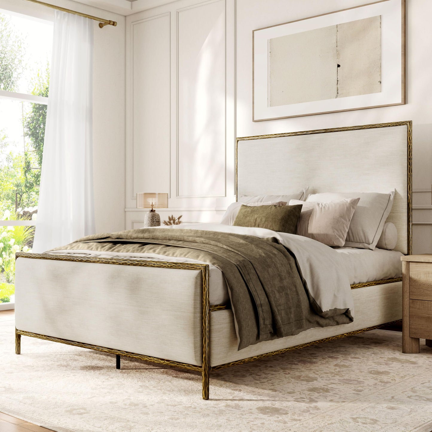 Hammered Metal Bed with Beige Upholstered Headboard