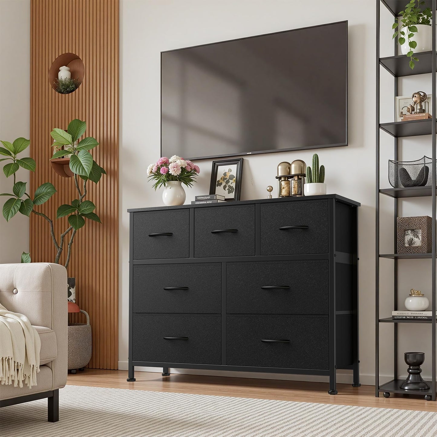 7-Drawer Fabric Dresser with Wood Top and Steel Frame