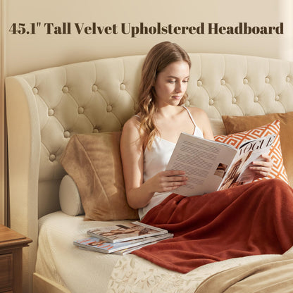 Velvet Upholstered Sleigh Bed with Wingback Headboard