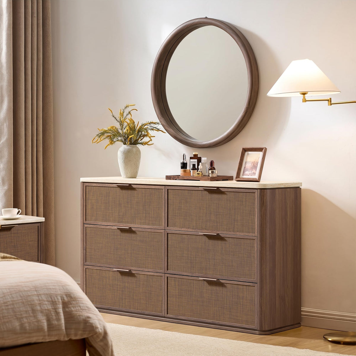 9-Drawer Rattan Dresser with Travertine-Style Top
