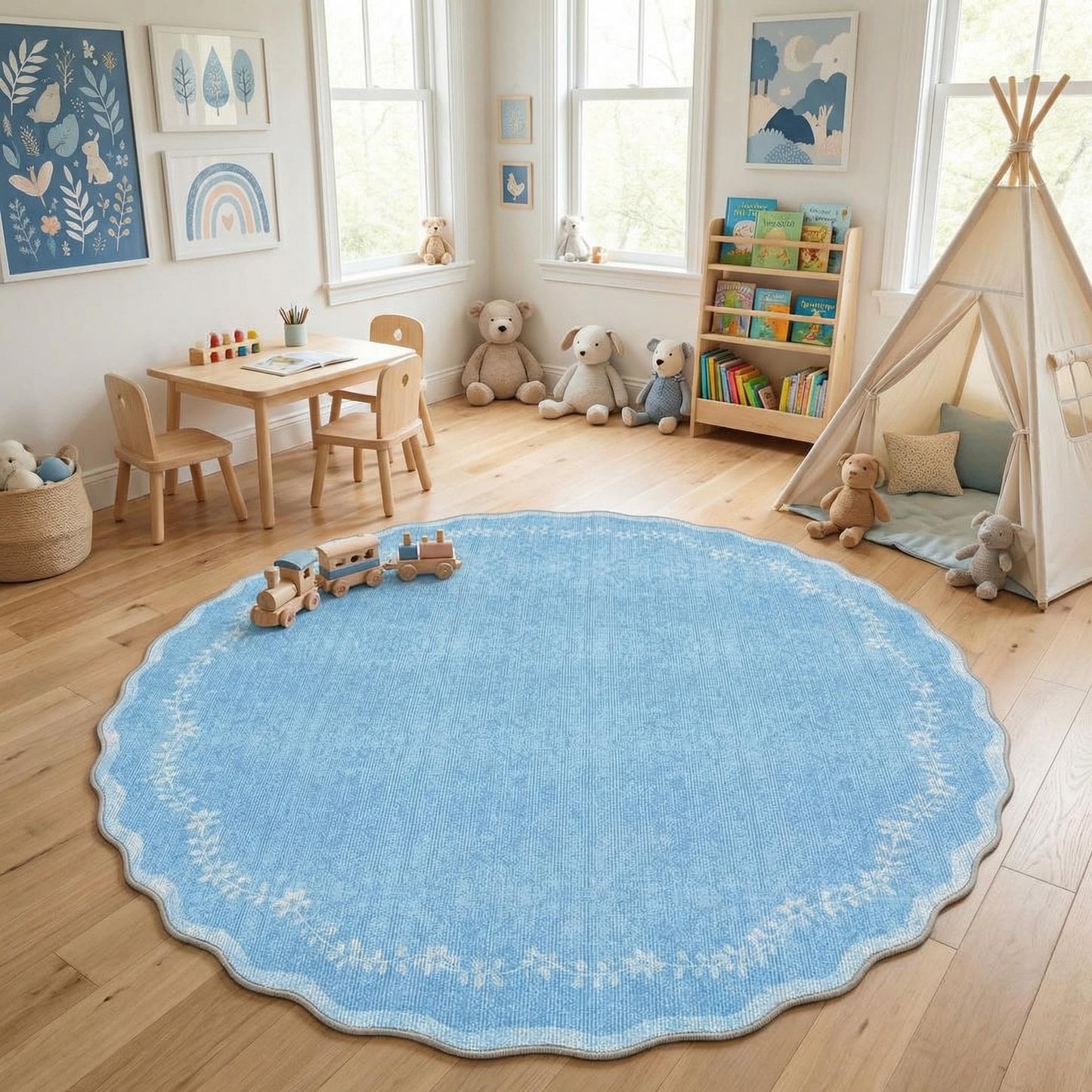 Scalloped Washable Area Rug with Non-Slip Backing