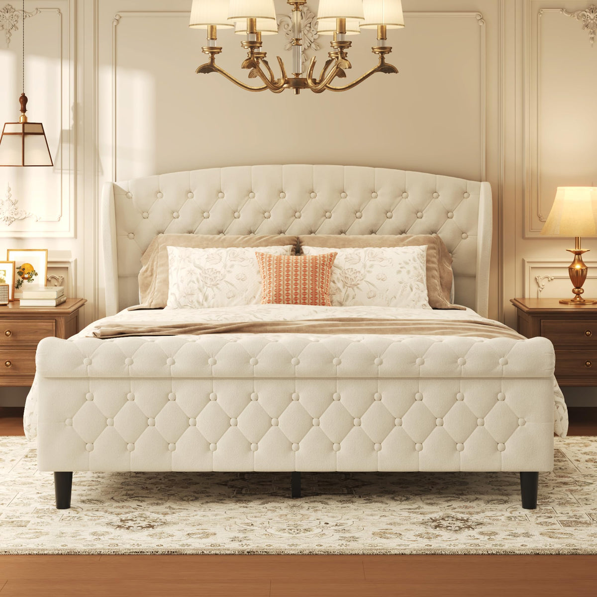 Velvet Upholstered Sleigh Bed with Wingback Headboard