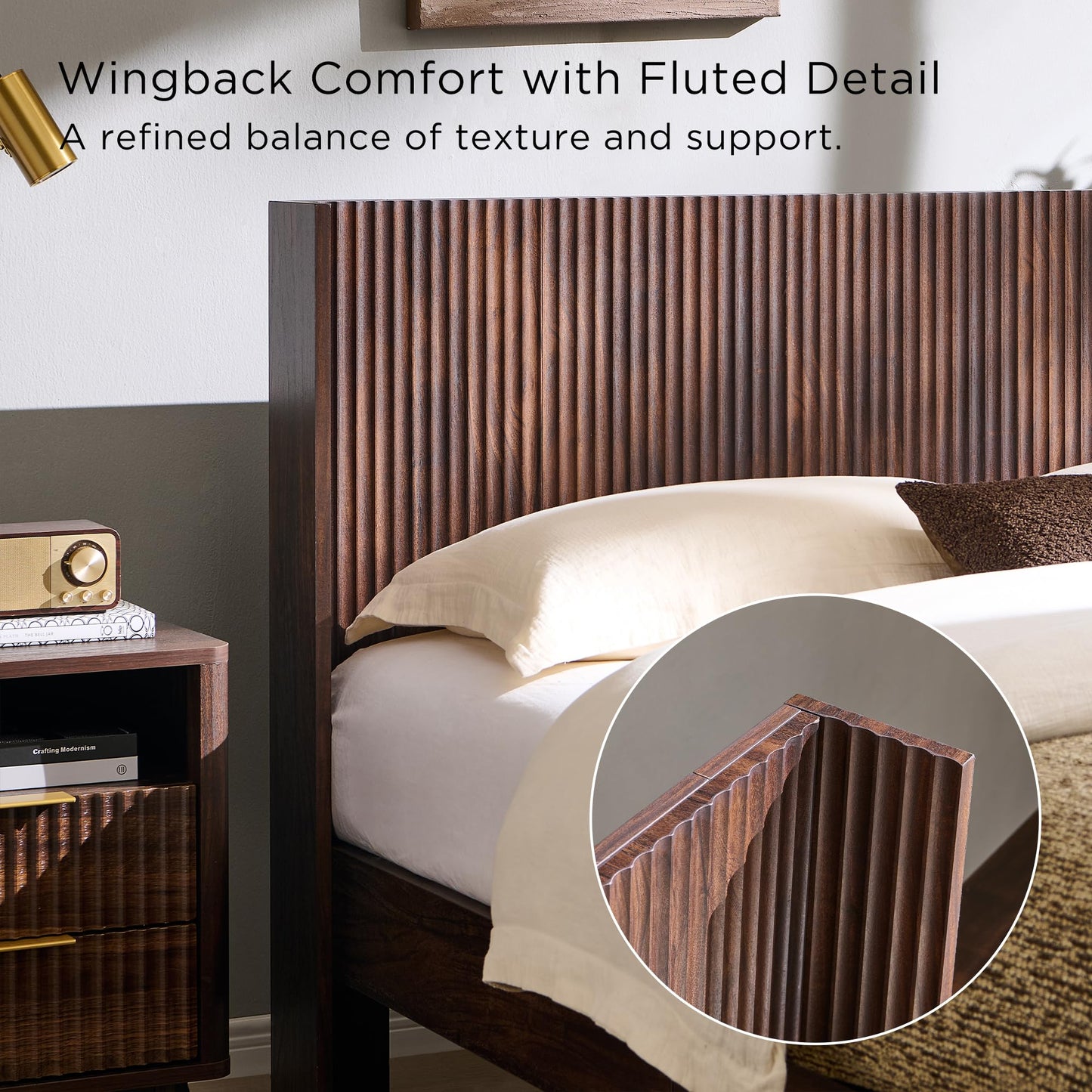 Fluted Platform Bed with Wingback Storage Headboard
