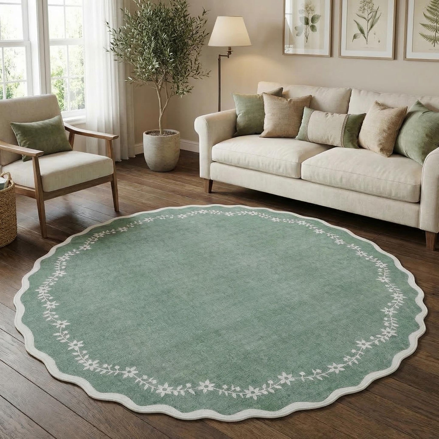 Scalloped Washable Area Rug with Non-Slip Backing
