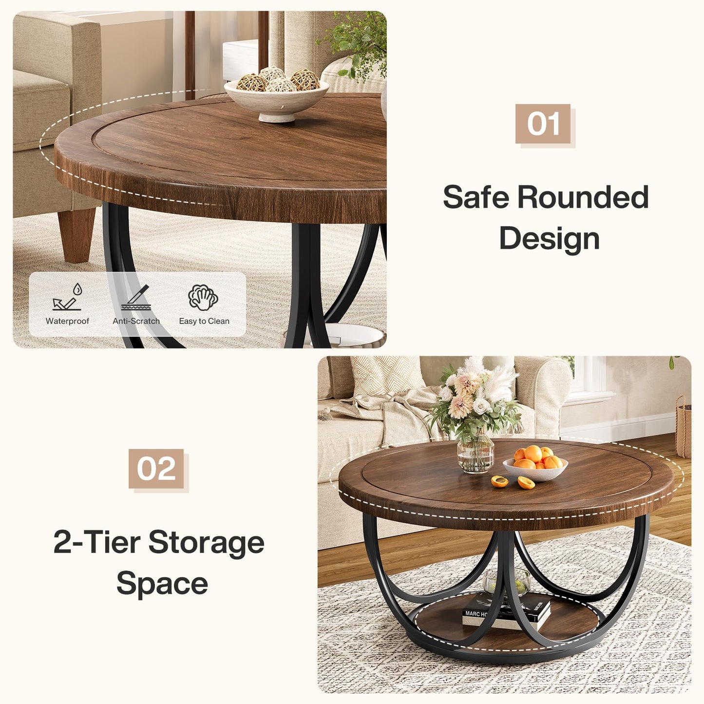 Round Two-Tier Coffee Table with Modern Wood Design