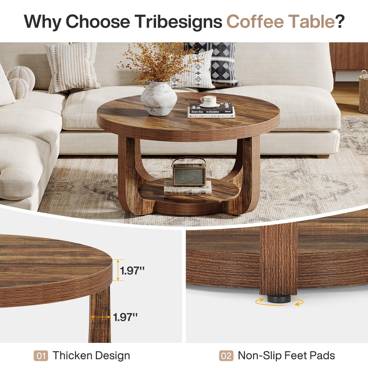 Round Two-Tier Coffee Table with Hidden Storage