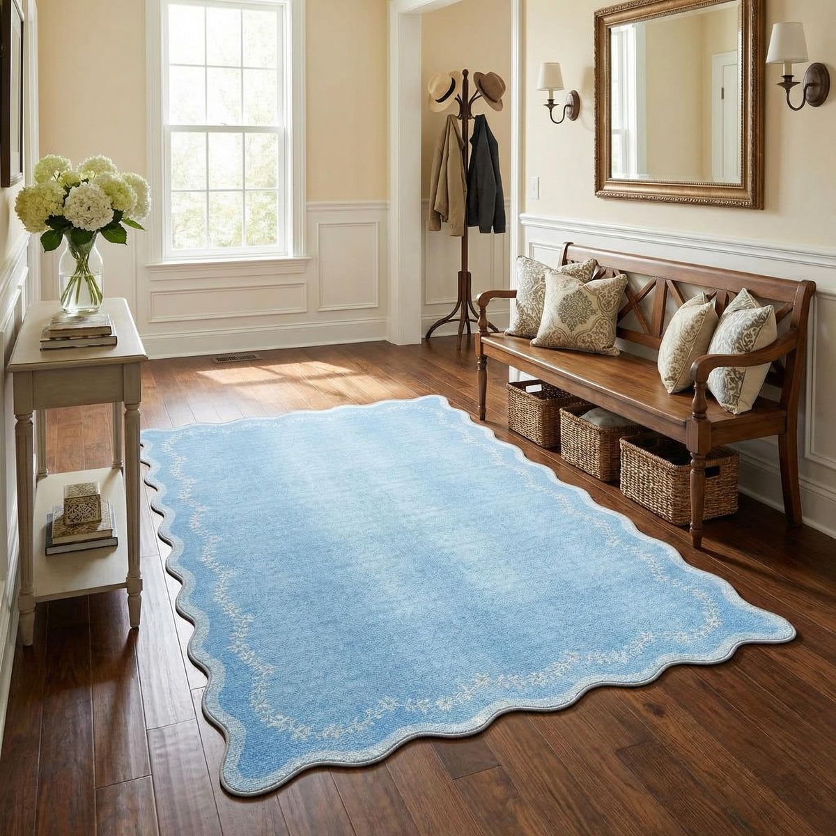 Scalloped Washable Area Rug with Non-Slip Backing