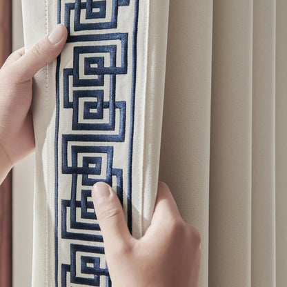 Blue Pinch Pleat Curtains with Greek Key Trim