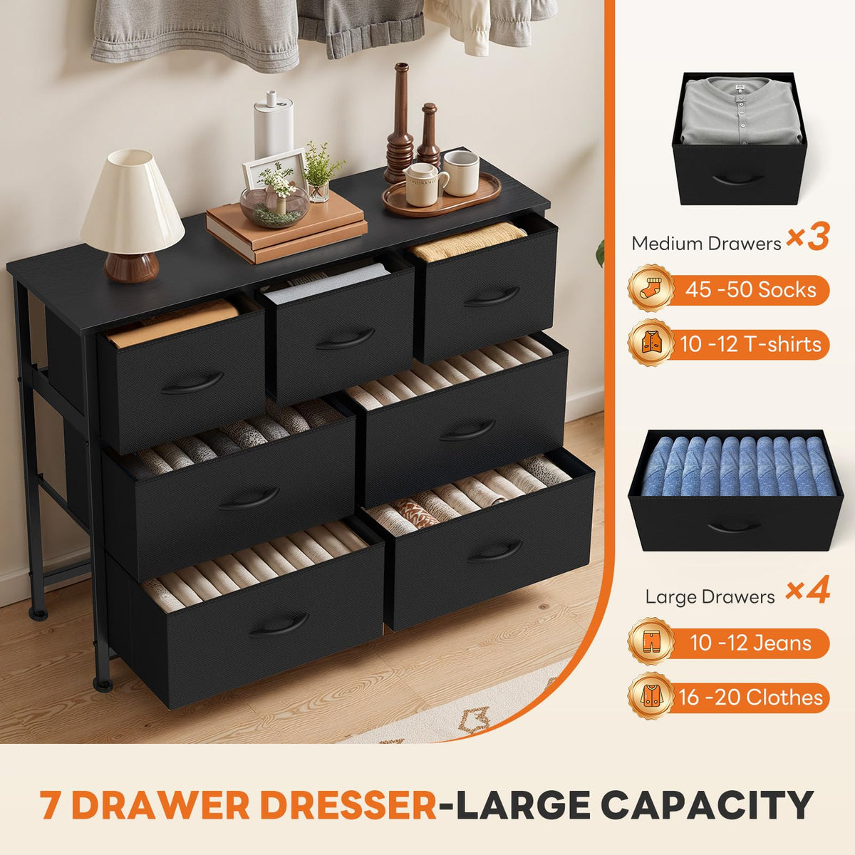 7-Drawer Fabric Dresser with Wood Top and Steel Frame