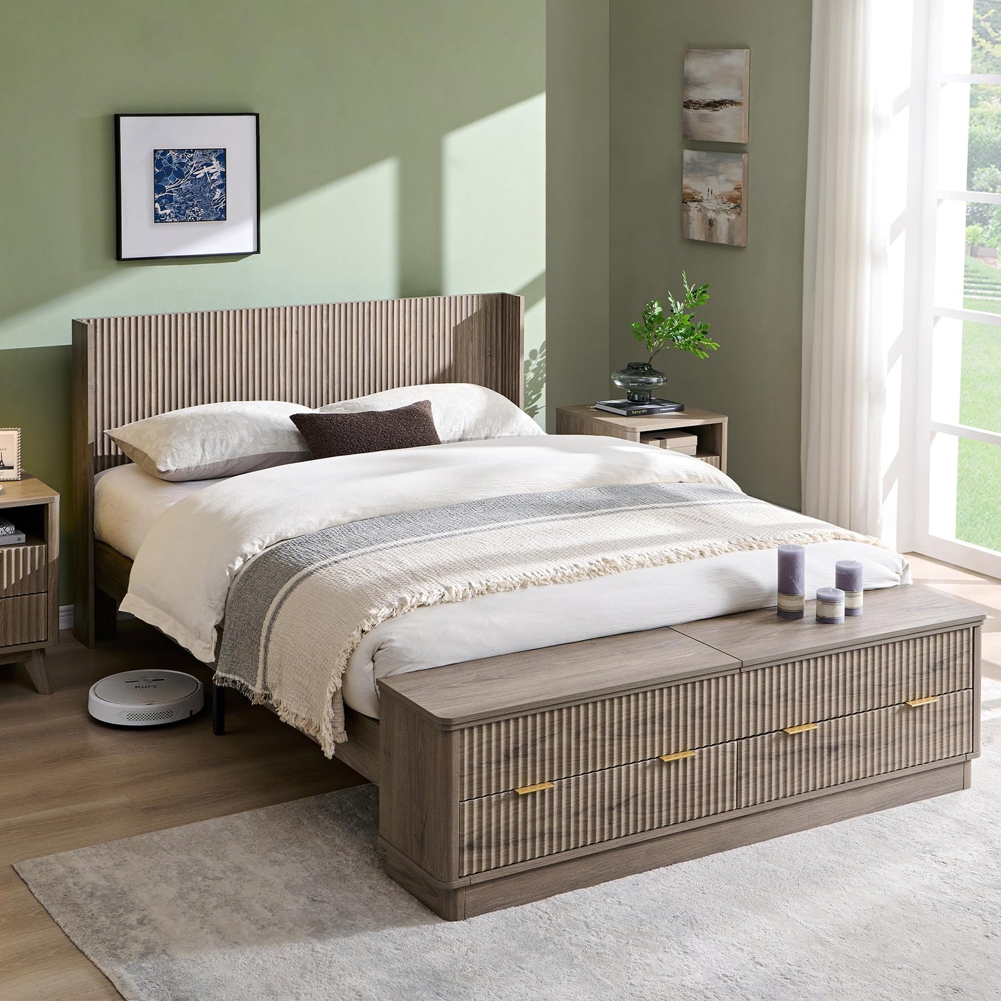 Fluted Platform Bed with Wingback Storage Headboard