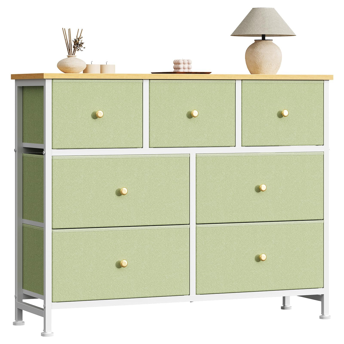 7-Drawer Fabric Dresser with Wood Top and Steel Frame