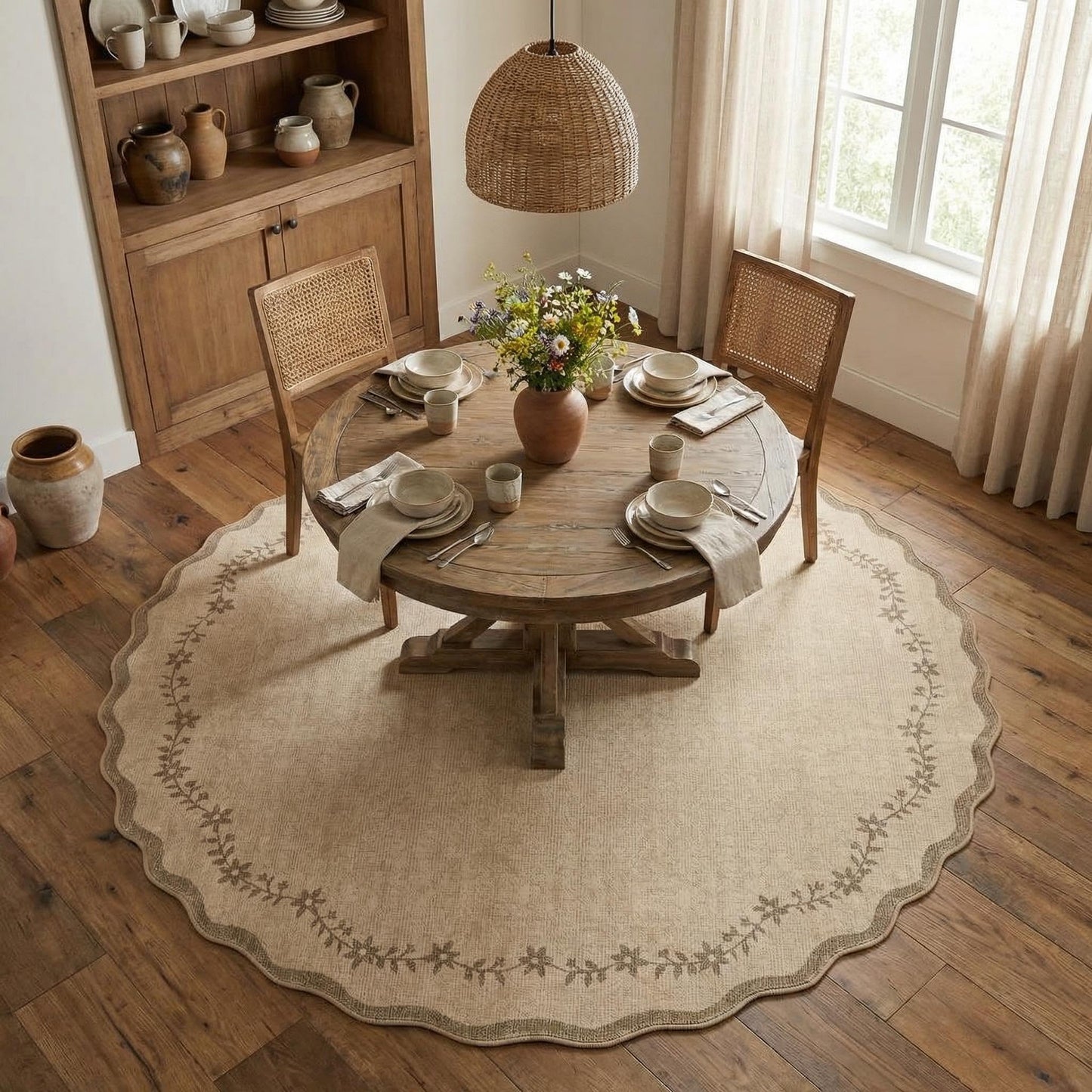 Scalloped Washable Area Rug with Non-Slip Backing