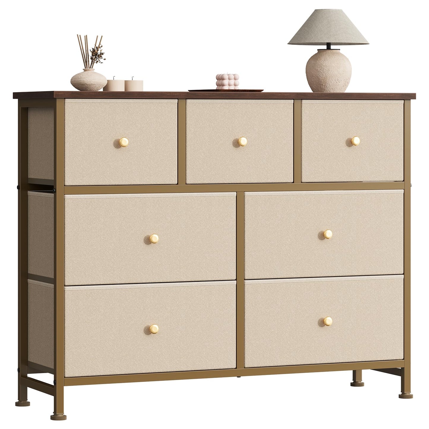 7-Drawer Fabric Dresser with Wood Top and Steel Frame