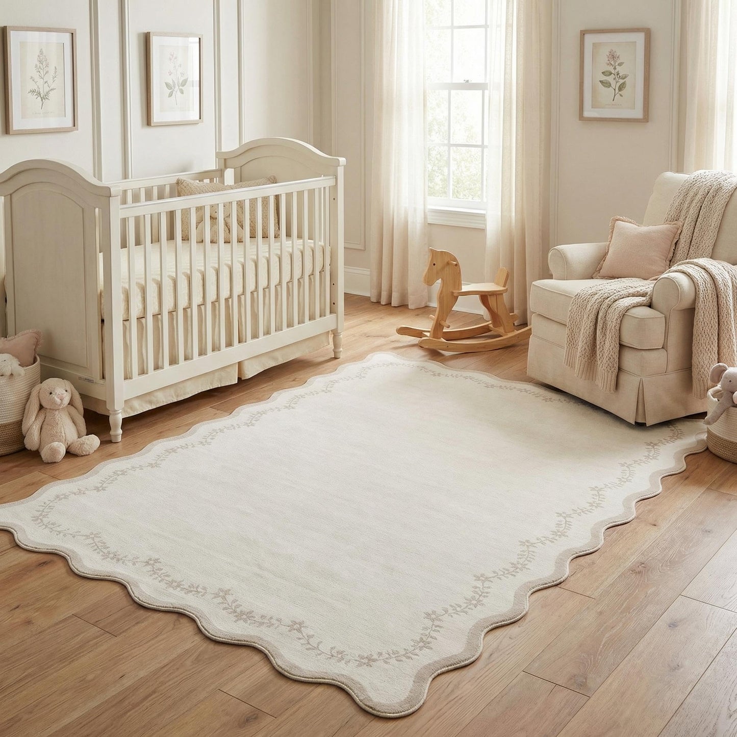 Scalloped Washable Area Rug with Non-Slip Backing