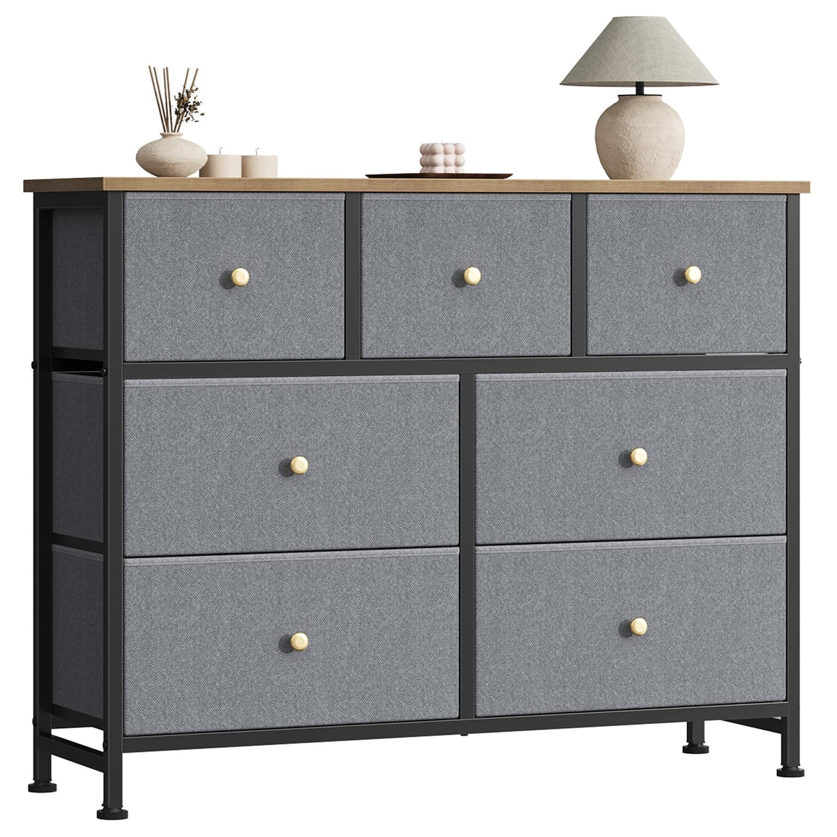 7-Drawer Fabric Dresser with Wood Top and Steel Frame