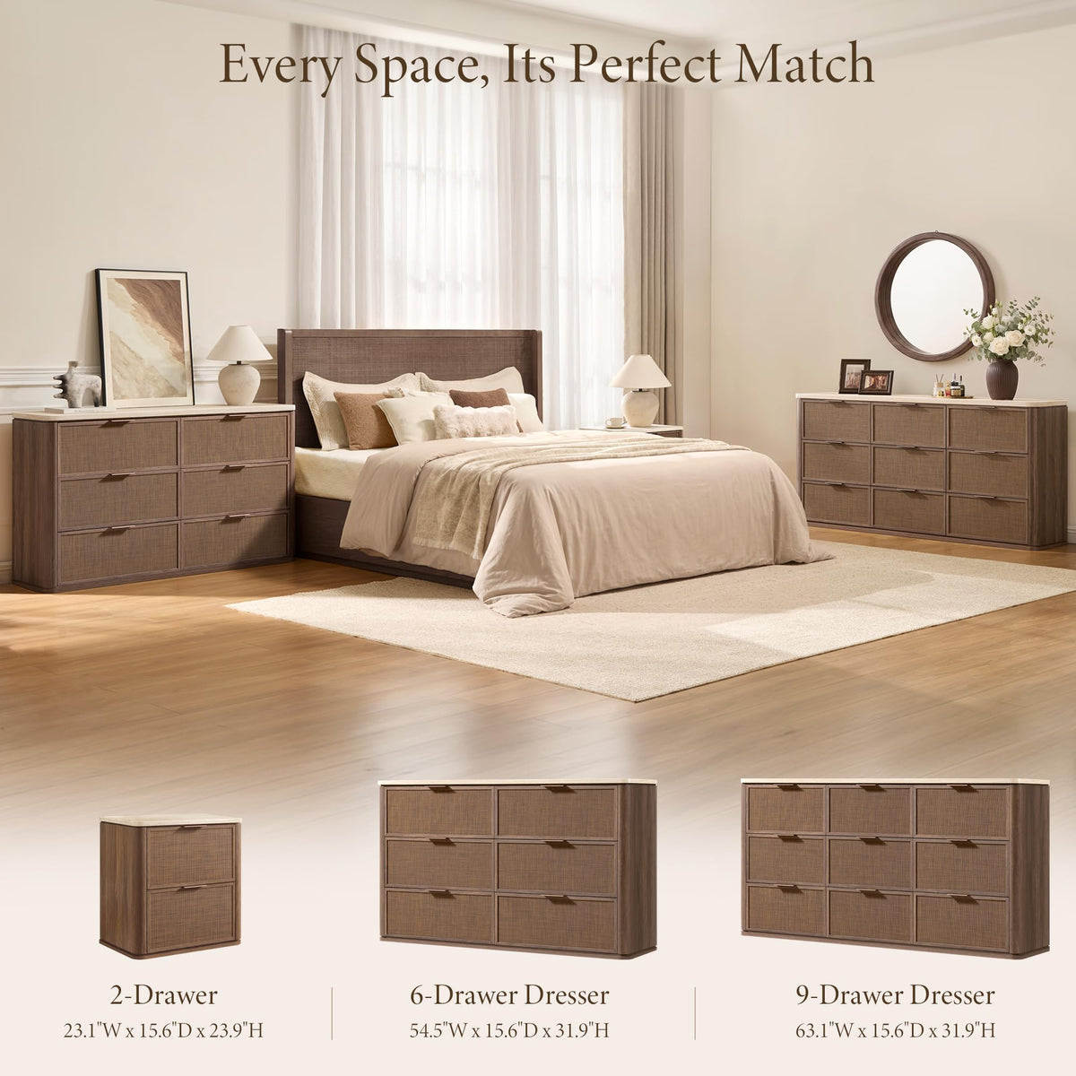 9-Drawer Rattan Dresser with Travertine-Style Top