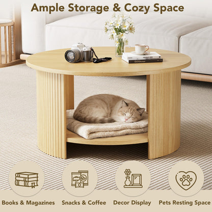 Round Fluted Coffee Table with Two-Tier Storage