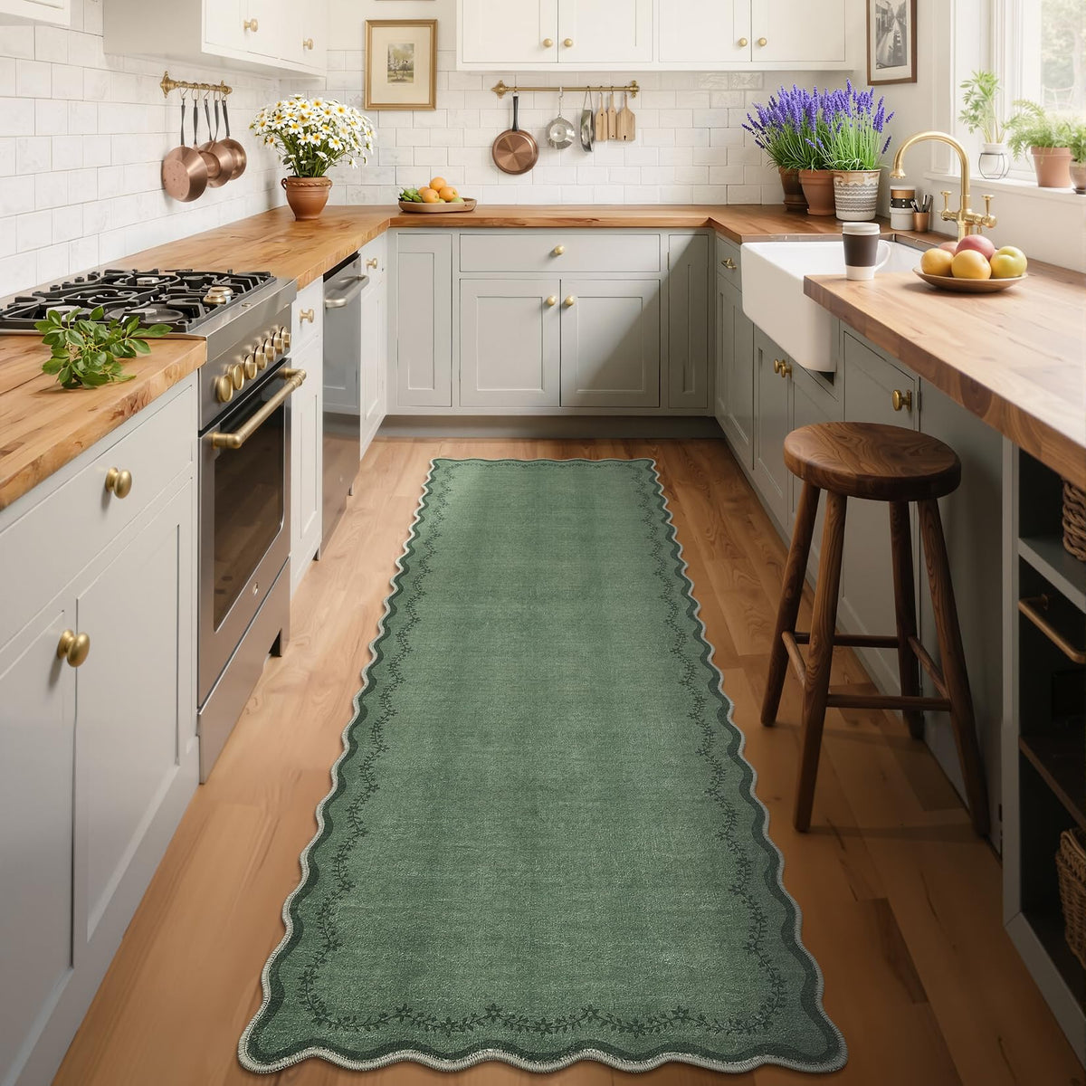Scalloped Washable Area Rug with Non-Slip Backing