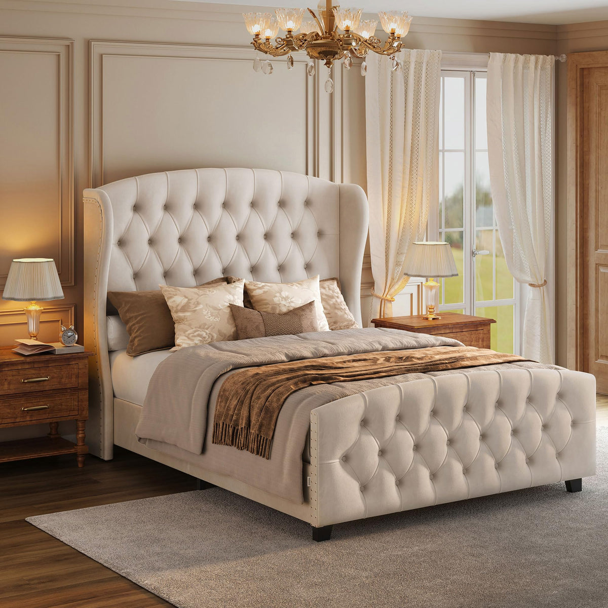 Upholstered Platform Bed with Tall Headboard