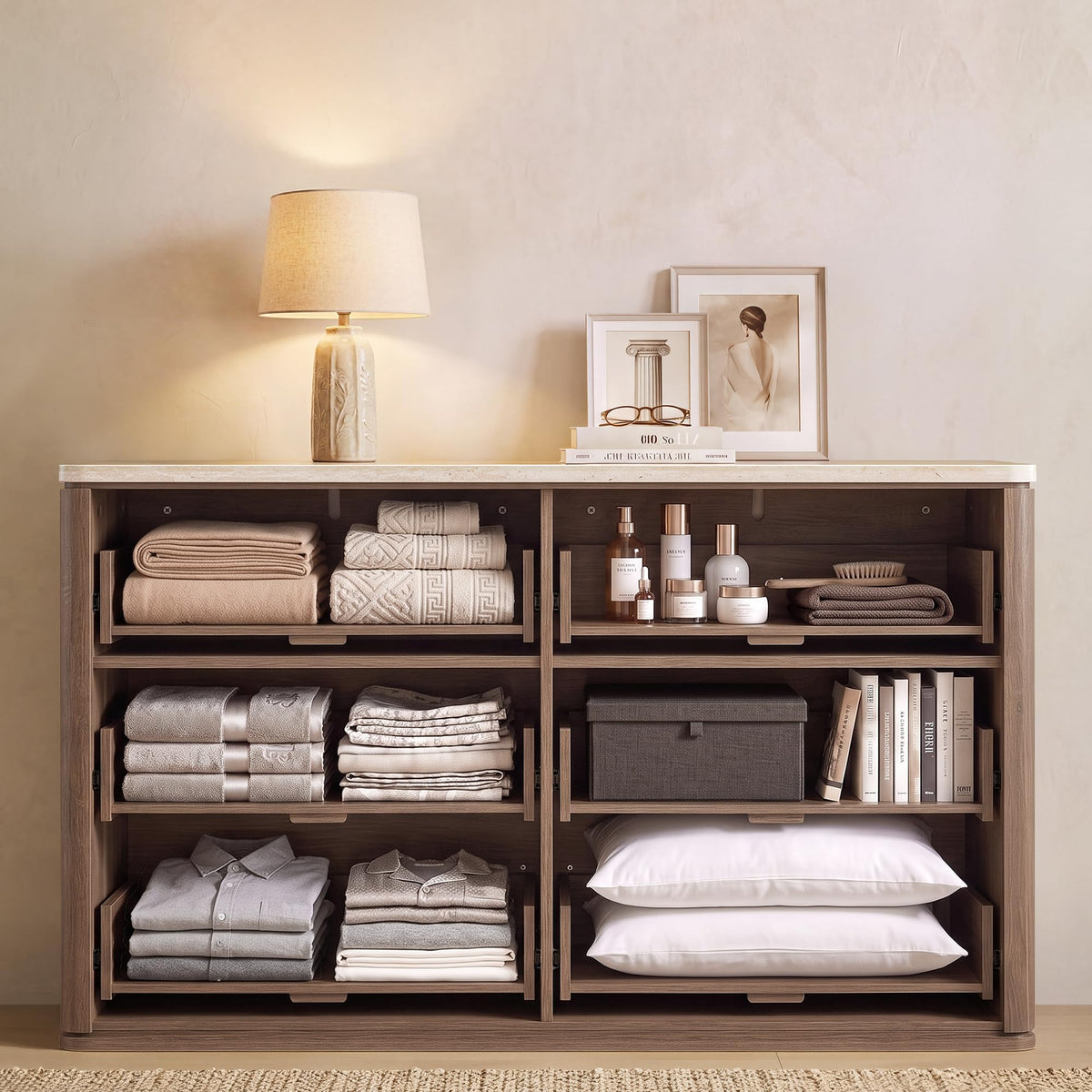 9-Drawer Rattan Dresser with Travertine-Style Top