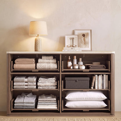9-Drawer Rattan Dresser with Travertine-Style Top