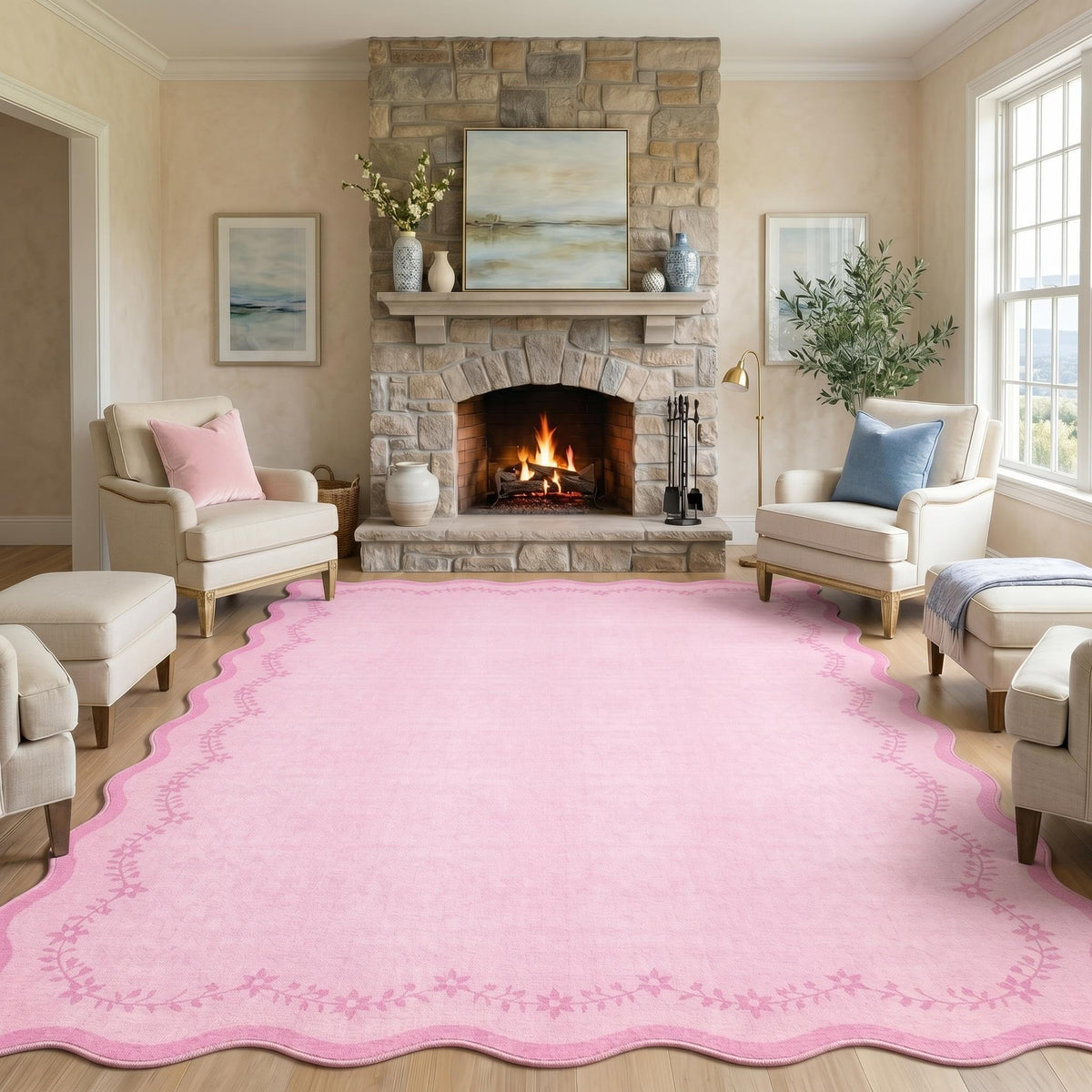 Scalloped Washable Area Rug with Non-Slip Backing