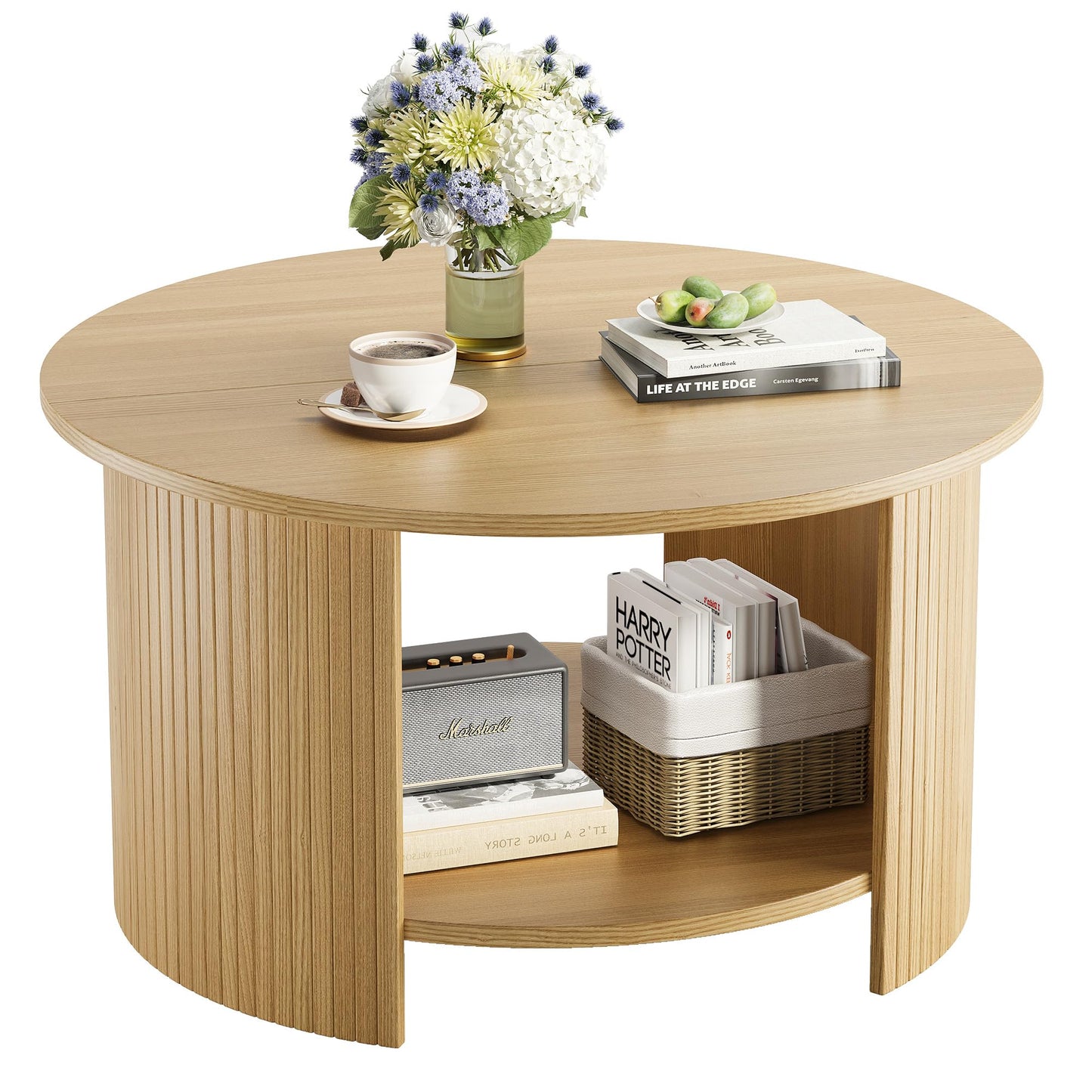Round Fluted Coffee Table with Two-Tier Storage