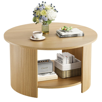 Round Fluted Coffee Table with Two-Tier Storage