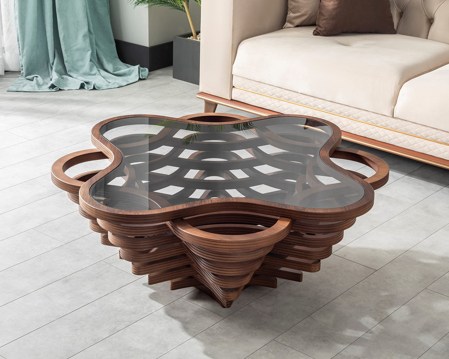 Natural Walnut Coffee Table with Glass Top