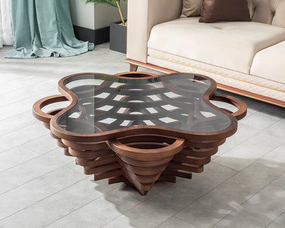 Natural Walnut Coffee Table with Glass Top