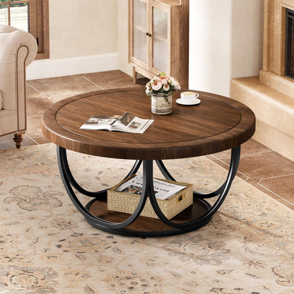 Round Two-Tier Coffee Table with Modern Wood Design
