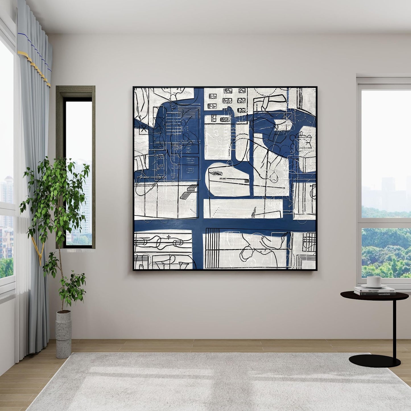 Oversized Blue & White Canvas Wall Art Painting