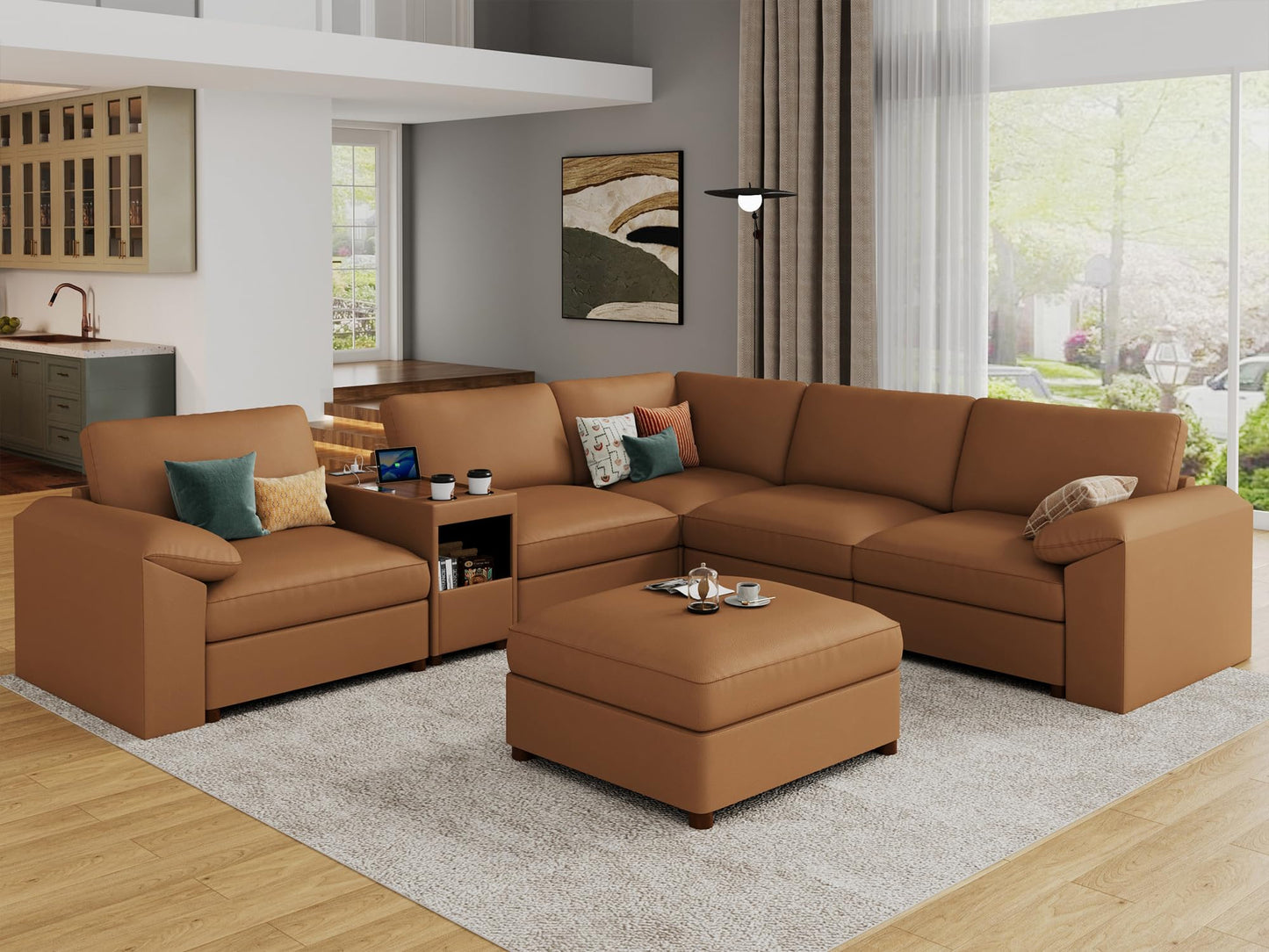 Faux Leather Modular Sectional Sofa for Large Spaces