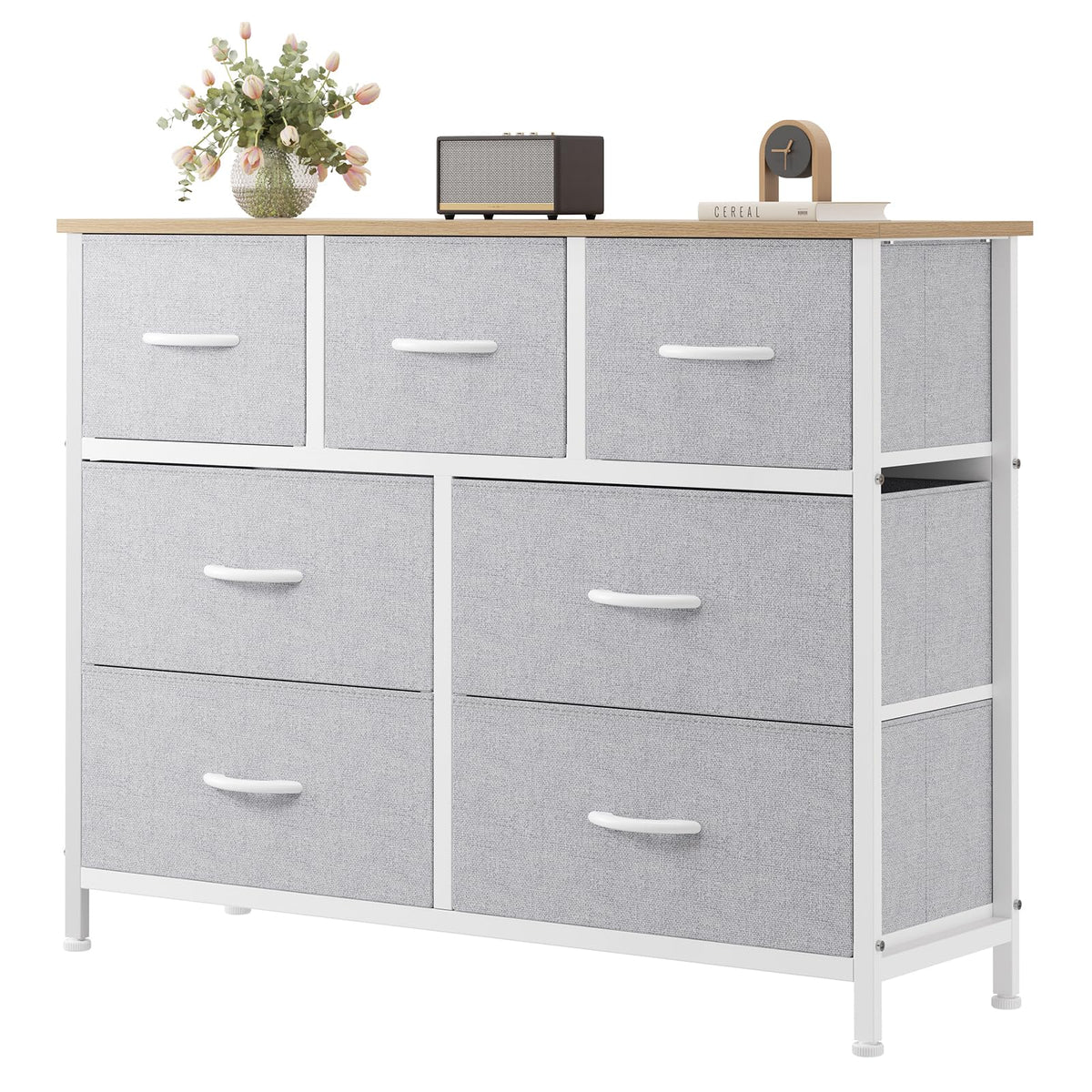 7-Drawer Fabric Dresser with Wood Top and Steel Frame
