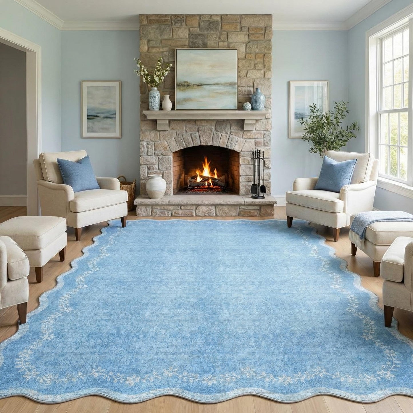 Scalloped Washable Area Rug with Non-Slip Backing