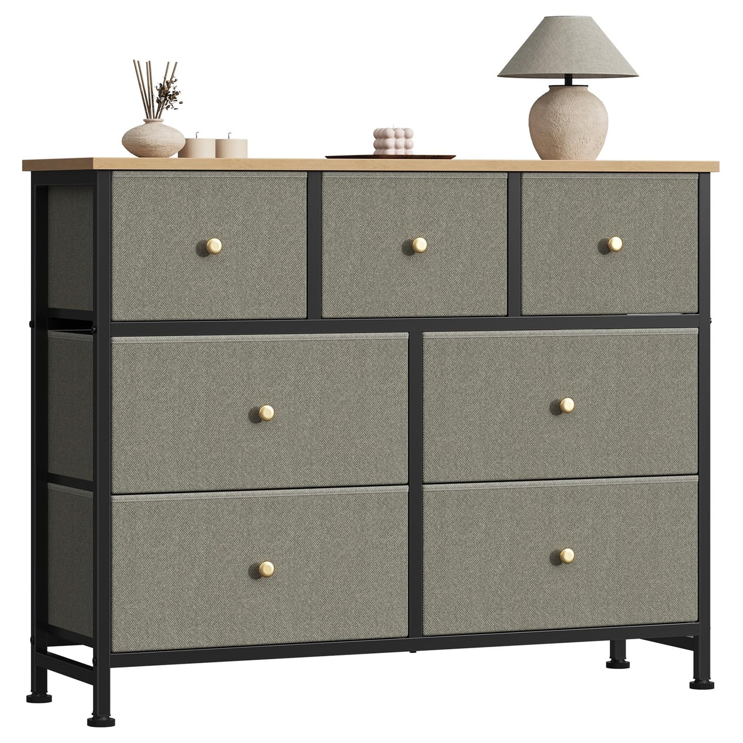 7-Drawer Fabric Dresser with Wood Top and Steel Frame