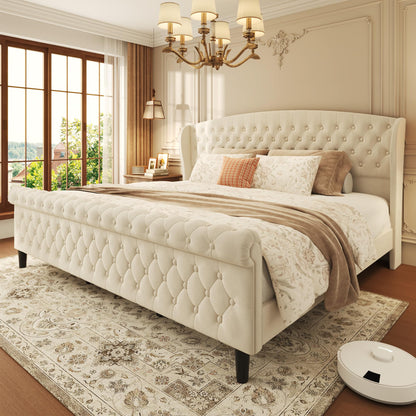 Velvet Upholstered Sleigh Bed with Wingback Headboard