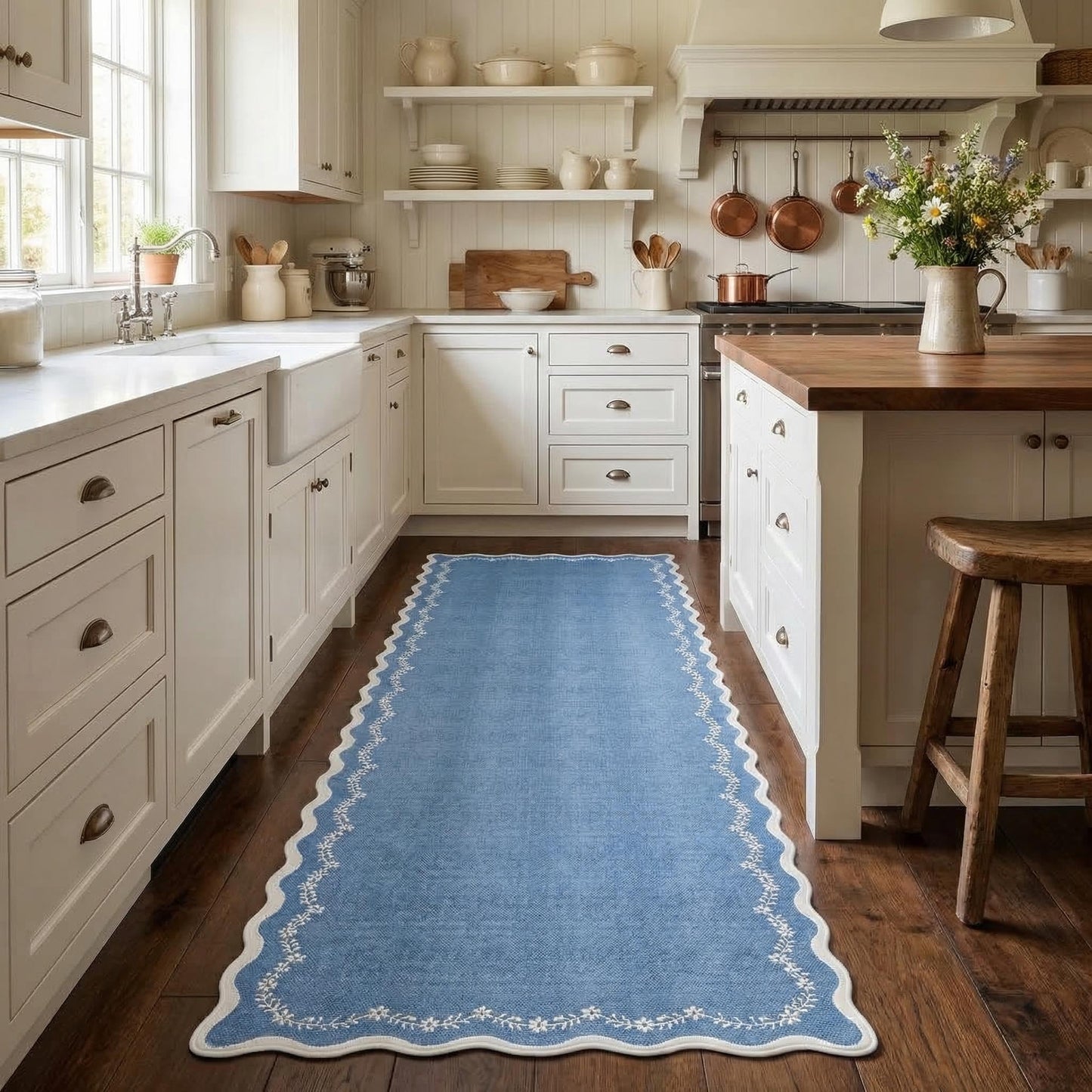 Scalloped Washable Area Rug with Non-Slip Backing