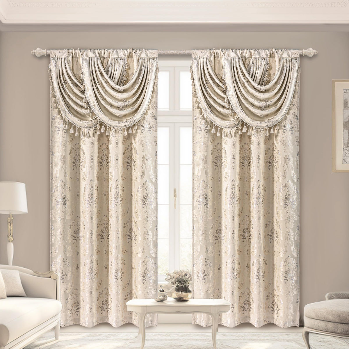 Luxury Damask Curtains with Waterfall Valances