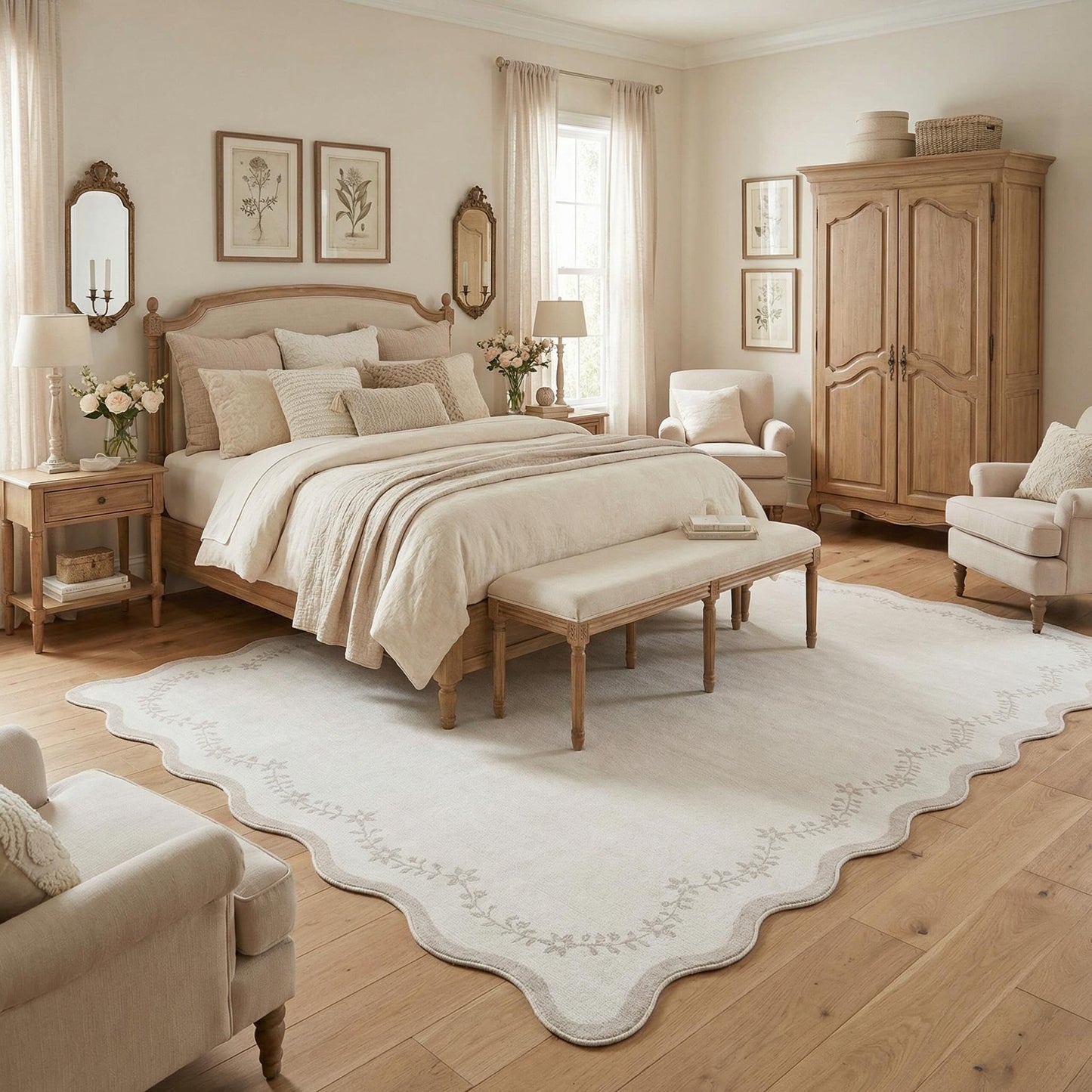 Scalloped Washable Area Rug with Non-Slip Backing