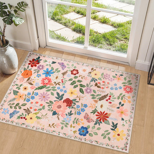 Washable Boho Floral Area Rug with Non-Slip Backing