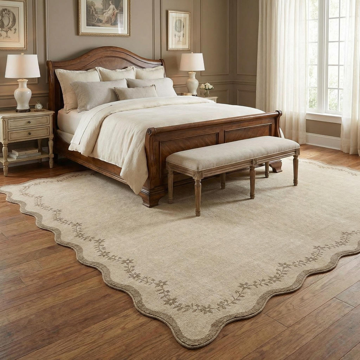 Scalloped Washable Area Rug with Non-Slip Backing