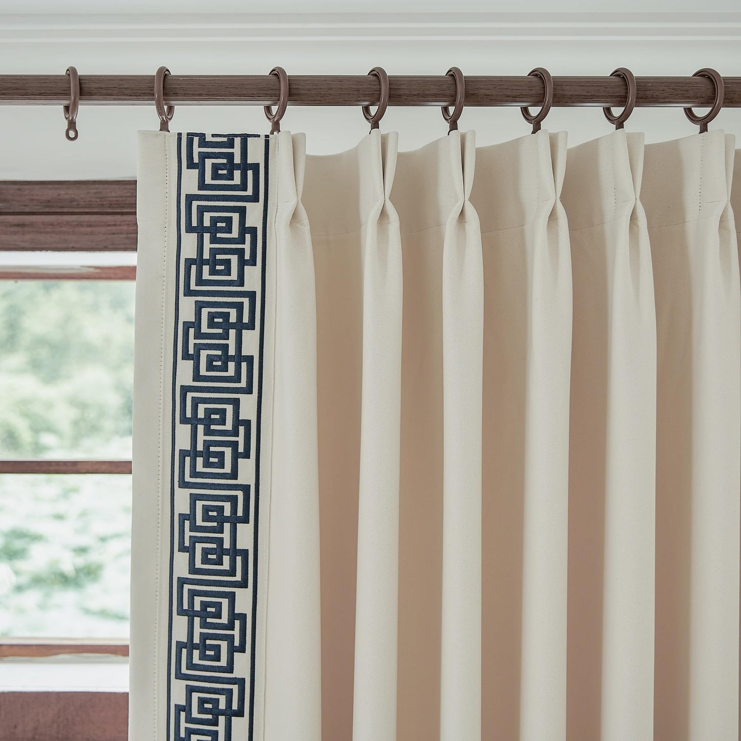 Blue Pinch Pleat Curtains with Greek Key Trim