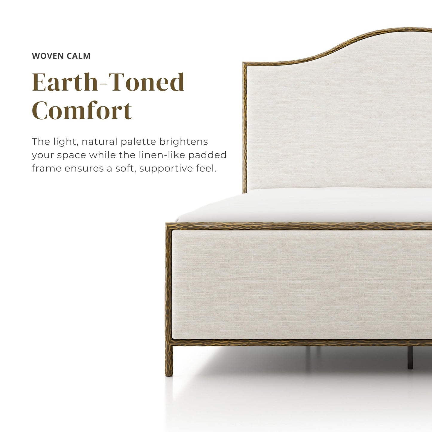 Hammered Metal Bed with Beige Upholstered Headboard
