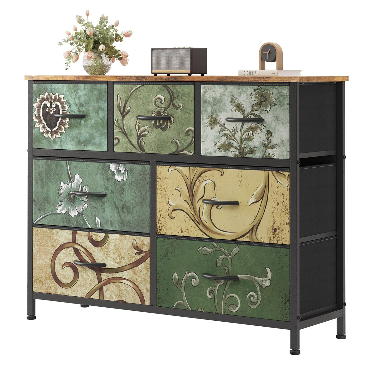 7-Drawer Fabric Dresser with Wood Top and Steel Frame